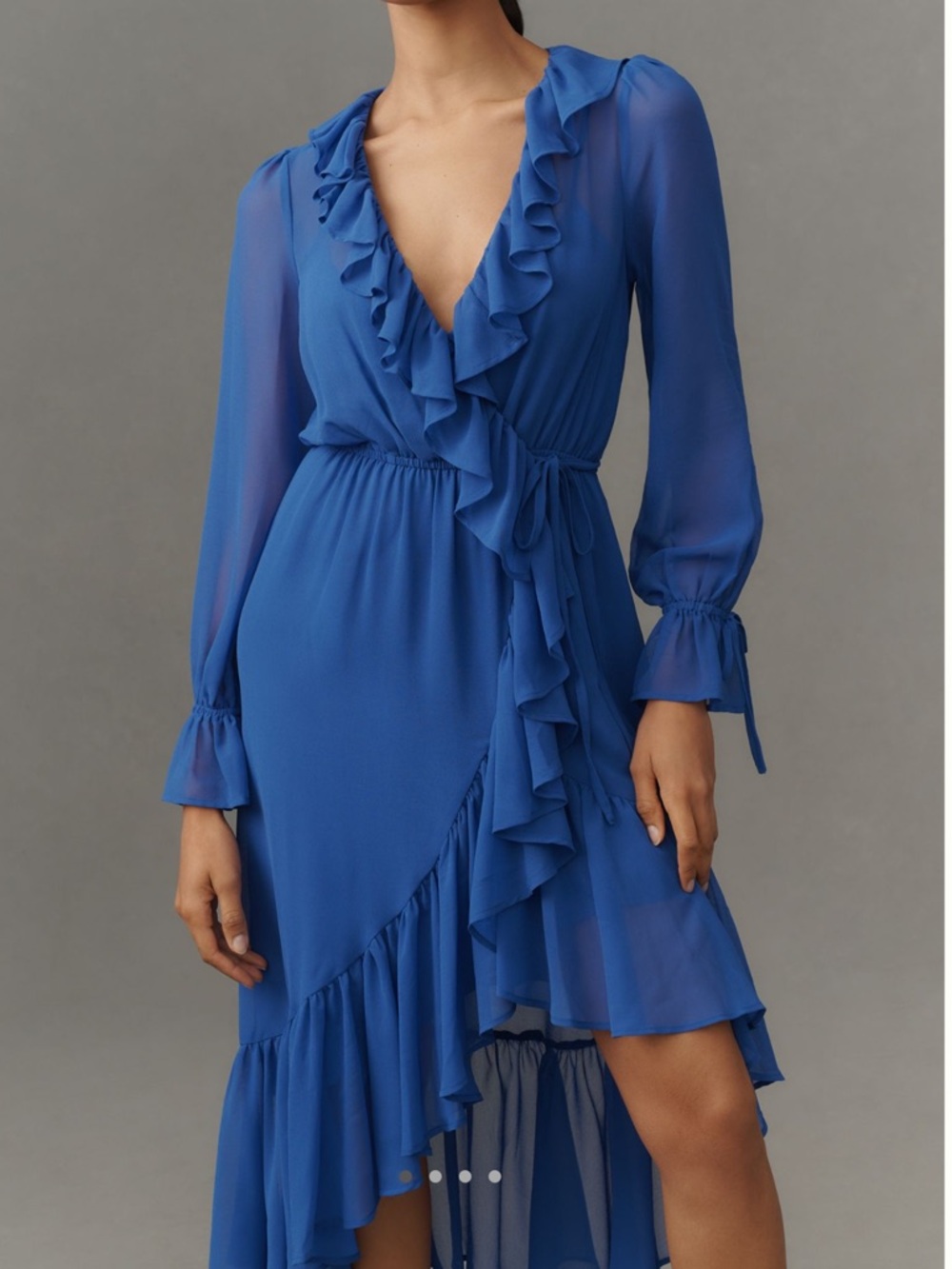 Anthropologie Long Sleeve Midi Dress Ruffled Asymmetrical Faux Wrap Medium Blue